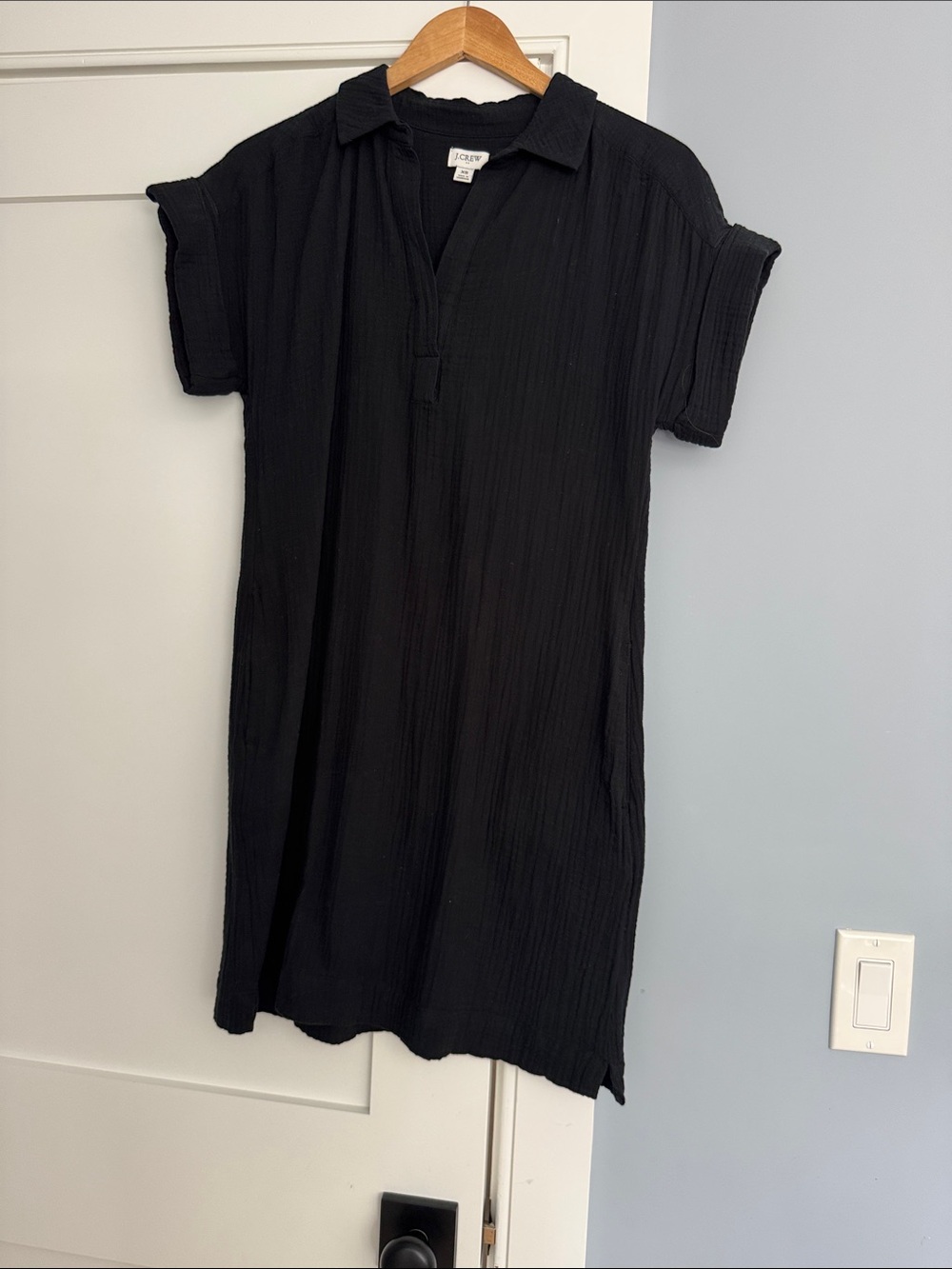 J. Crew Black Crinkled Short-Sleeve Shirt Dress